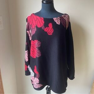 CHICOS Womens Sweater Floral Jacquard Pullover Black Red Boat Neck Size 3 NWT